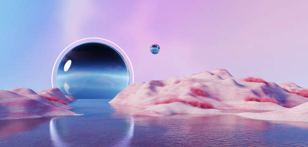 istock 3d Render, Abstract Surreal pastel landscape background with arches and podium for showing product, panoramic view, Colorful dune scene with copy space, blue sky and cloudy, Minimalist decor design 1835403801