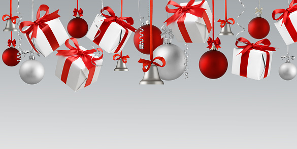 Christmas web banner border from White and red gift boxes and baubles flying on light gray background