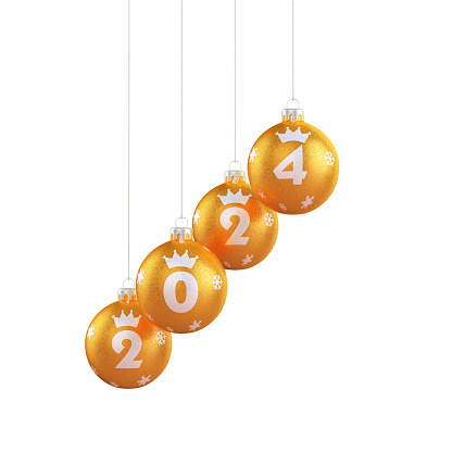 3d Render Orange Christmas Decorations 2024 New Year concept. Clipping Path on White Background (isolated on white)