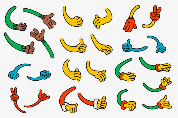 Retro style cartoon Hands. Groovy vintage 70s characters hands with various gestures Retro style cartoon Hands. Groovy vintage 70s characters hands with various gestures. Ideal stickers, character designs and decorations, vector illustration. comic book outline stock illustrations