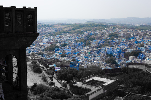 Jodhpur, Rajasthan, India - October 31st 2023: Aerial high angle view of Jodhpur city of Rajasthan from Mehrangarh Fort