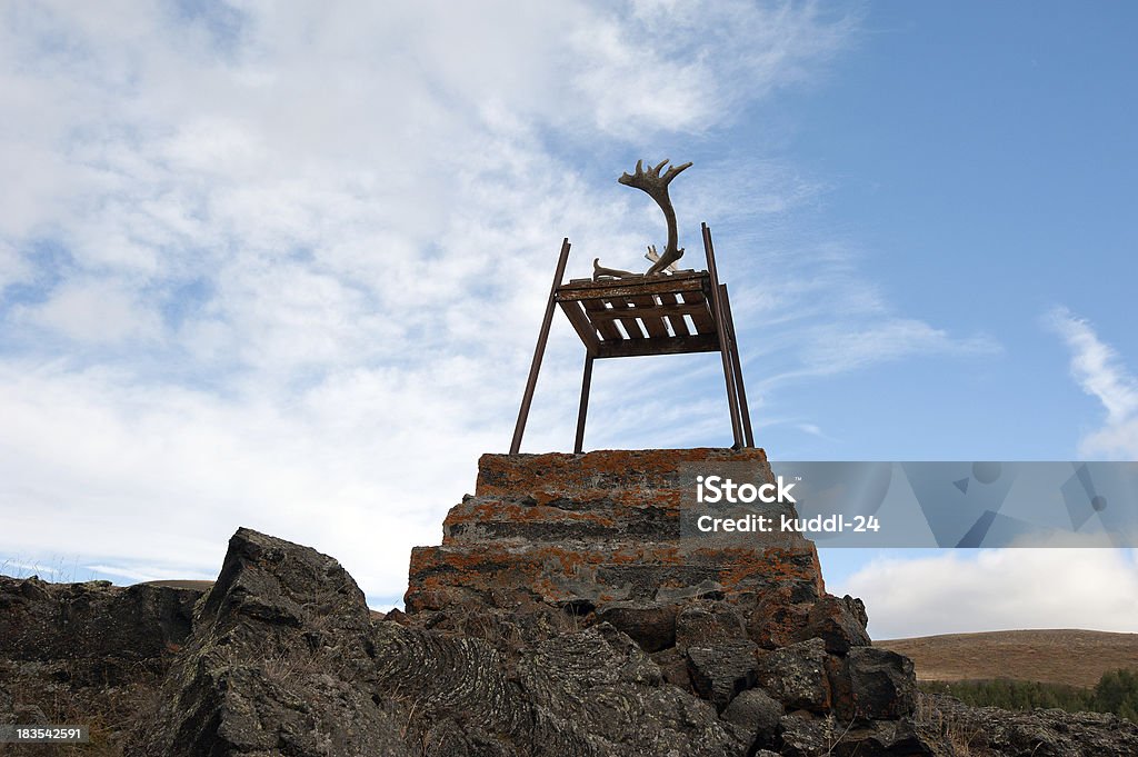 Iceland - Chair with moose antlers at Reykjahlíð The north-eastern Iceland, chair with a aufgestzten reindeer antlers on the edge of an old lava field at Reykjahlíð at Lake Myvatn Chair Stock Photo