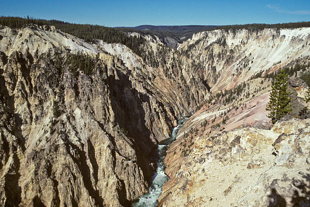 Grand Canyon of the Yellowstone The headwaters of the Yellowstone River is on the Continental Divide of the Rocky Mountains in Wyoming. It is a tributary of the Missouri River and flows approximately 692 miles through Wyoming, Montana and North Dakota where it joins the Missouri River near Buford. As the Yellowstone river flows north from Yellowstone Lake, it leaves the Hayden Valley and plunges over Upper Yellowstone Falls and then Lower Yellowstone Falls. The river was photographed here as it enters the Grand Canyon of the Yellowstone in Yellowstone National Park, Wyoming, USA. jeff goulden yellowstone national park stock pictures, royalty-free photos & images