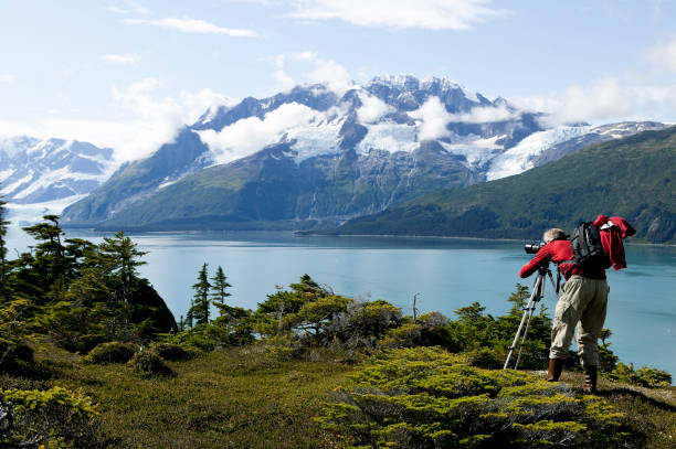 man photographing hobby alaska "man photographing in nature, prince william sound, alaska" chugach mountains photos stock pictures, royalty-free photos & images