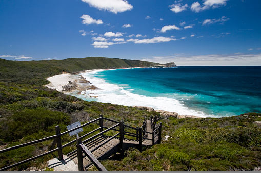The beautiful turquoise waters of the Southern Ocean along Torndirrup National Park in southern Western Australia.