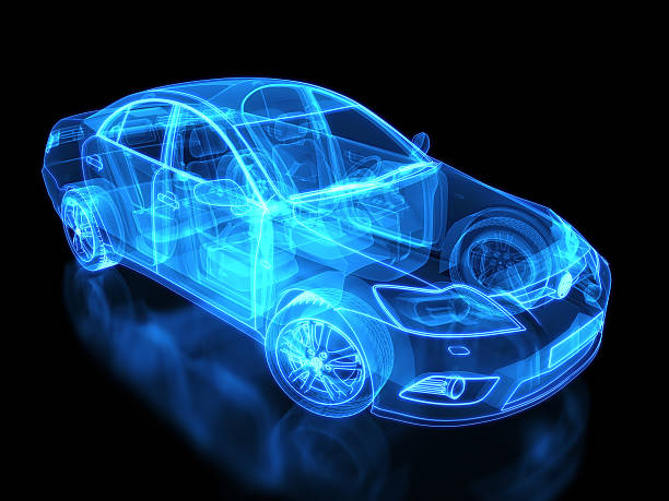 Neon anatomy of an automobile on black background Car X-ray / Blueprint - with clipping path land vehicle stock pictures, royalty-free photos & images