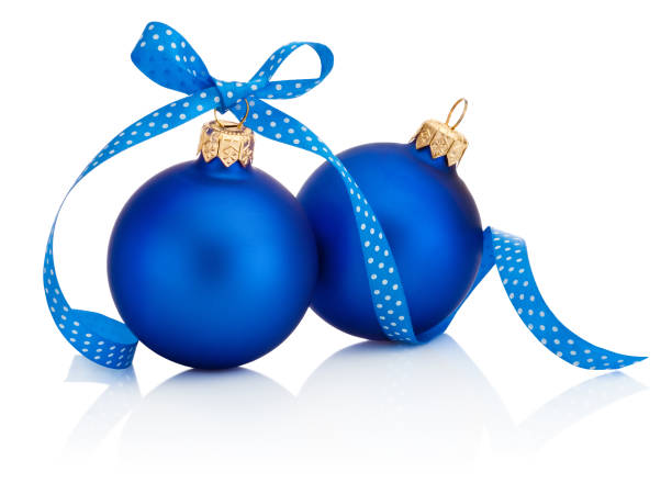 istock Two Christmas blue baubles with ribbon bow isolated on white background 1835457905