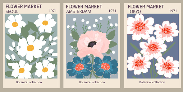 Flower market poster set. Abstract floral illustration. Botanical wall art collection, vintage poster aesthetic. Modern style, trendy pastel colors. Vector colorful illustrations.