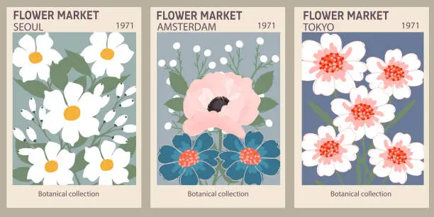 Vector illustration of Flower market poster set. Abstract floral illustration. Botanical wall art collection, vintage poster aesthetic. Modern style, trendy pastel colors.