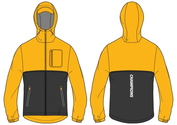 Vector illustration of Cagoule Anorak Hoodie jacket design flat sketch Illustration, Hiking Hooded utility jacket with front and back view, winter jacket for Men and women. for running, outerwear and workout in winter