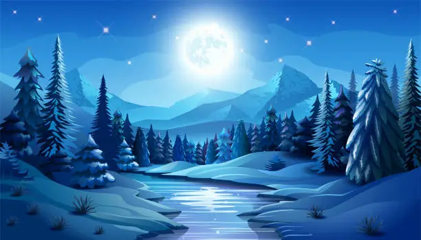 Vector illustration of Beautiful Winter Landscape with Trees, Mountains and the Moon above the horizon, Night Landscape