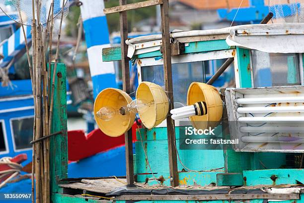 Many Searchlight On A Fishing Boat Stock Photo - Download Image Now - Commercial Dock, Electric Lamp, Equipment