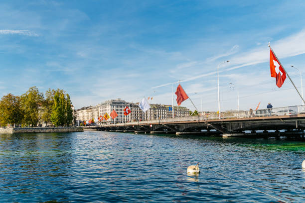 Mont Blanc bridge (The Pont du Mont-Blanc) over Rhone river in Geneva, Switzerland.
