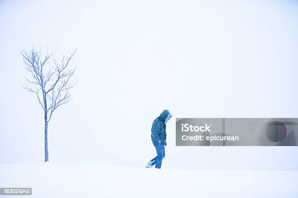 Foto de Solitary Pessoa Caminhando Sozinha Na Neve e mais fotos de stock de Adulto - Adulto, Andar, Branco