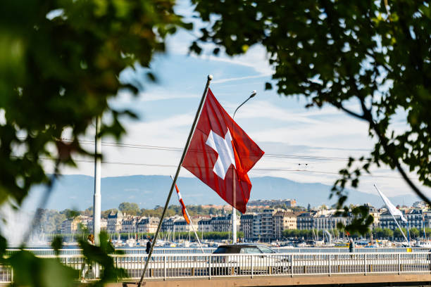 istock Mont Blanc Bridge (The Pont du Mont-Blanc) With Swiss Flag Over Rhone River In Geneva 1835511527