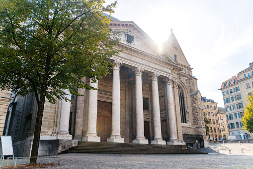 Entrance of Saint Pierre Cathedral in Geneva, Switzerland.