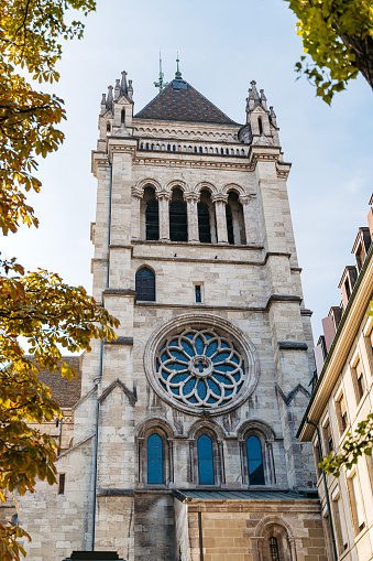 Side view of Saint Pierre Cathedral in Geneva, Switzerland.