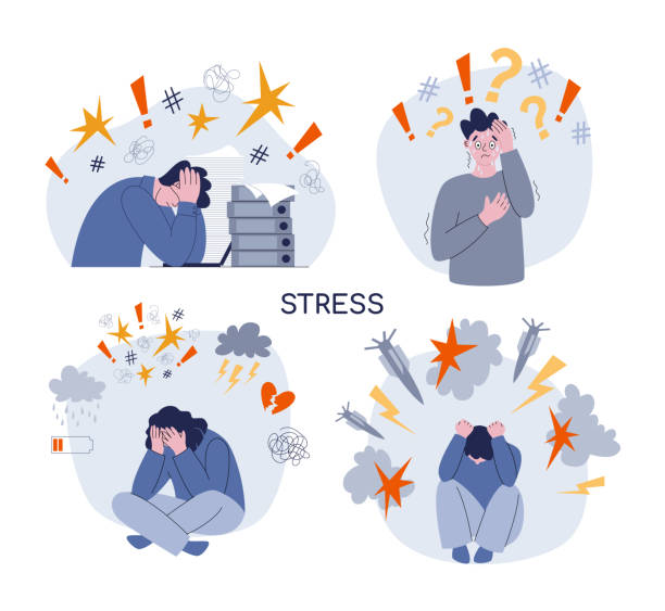 ilustrações de stock, clip art, desenhos animados e ícones de people surrounded by different causes and effects of stress - bomb exploding vector problems