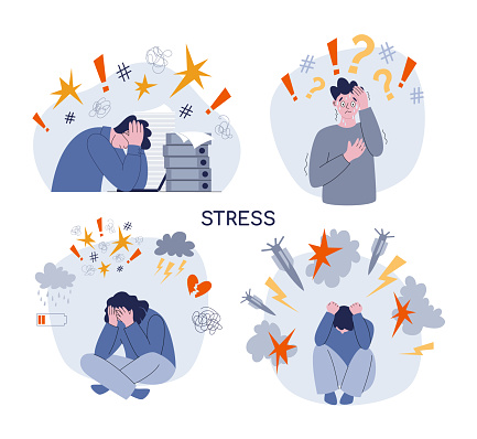 Stressed people vector illustrations set. People surrounded by different causes and effects of stress. Professional burnout, panic attack, stress, post-traumatic stress disorder. Mental disorder.