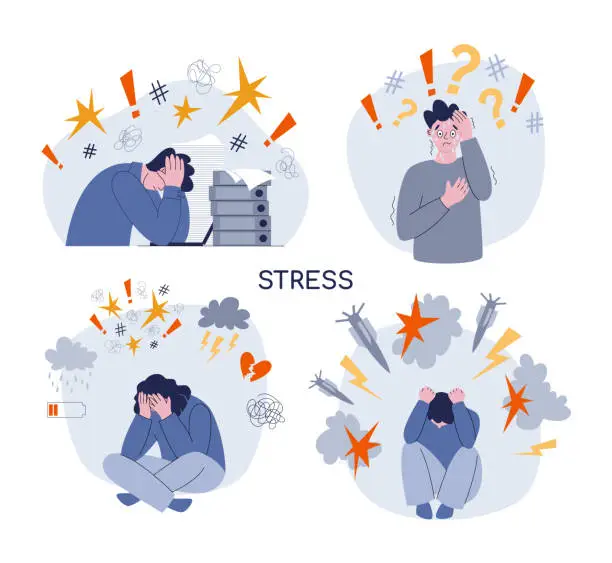 Vector illustration of People surrounded by different causes and effects of stress