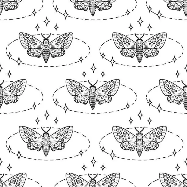 Vector illustration of Monochrome hawk moth acherontia atropos doodle seamless pattern. Perfect print for tee, paper, textile and fabric. Hand drawn vector illustration.