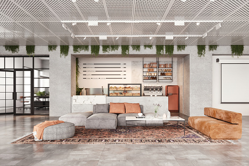 Modern cafeteria interior with cafe counter, pasteries and baked goods in a display case.  Large cozy sofa, armchairs, coffee table and pattern carpet. Render