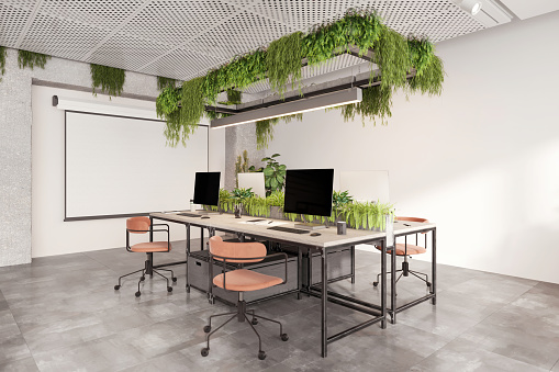 Large shared coworking desk with many computer monitors, keyboards, notebooks and office supplies in modern eco-friendly office. Large blank white wall and concrete floor. Projector screen on the wall. Plants hanging from the ceiling. Copy space.  Render