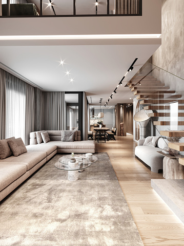 Loft open space living room with a large grey corner sofa, coffee table and grey carpet. Dining table in the background, wooden stairs, windows with curtains. Render