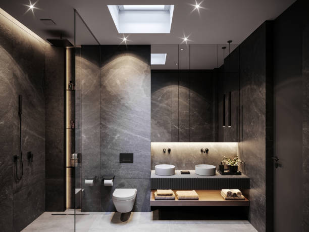 interior de baño moderno y oscuro - colores para tu baño fotografías e imágenes de stock