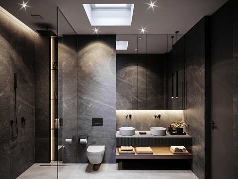 Modern  bathroom interior with shower cabin, lavatory, double wash basin, mirror and towels. Dark marble walls. Render.