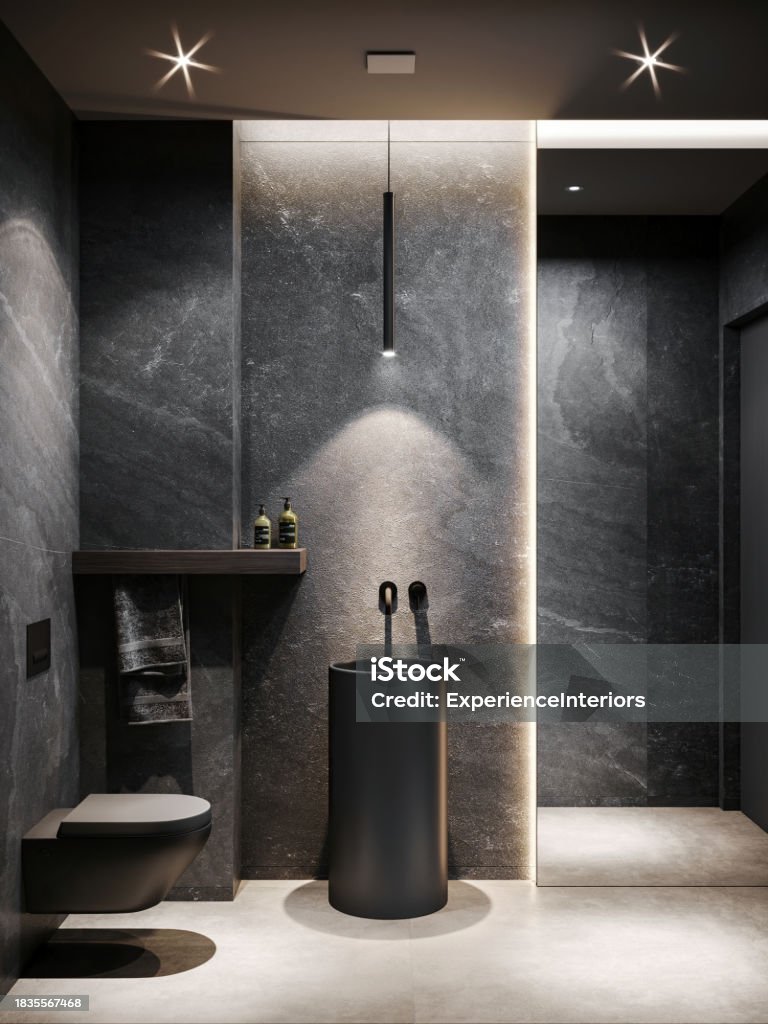 Modern Dark Bathroom Interior Stock Photo - Download Image Now ...