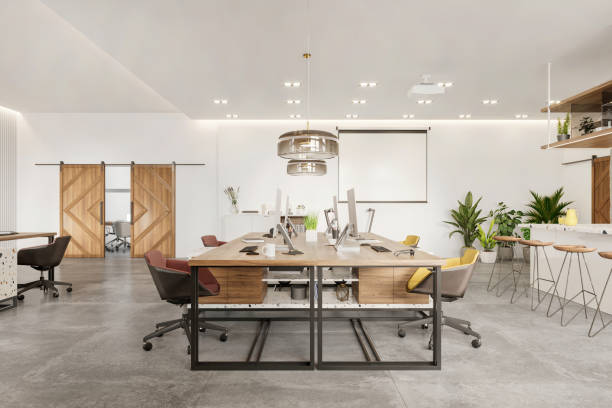 istock Modern coworking office interior with kitchen island and bar stools 1835569348