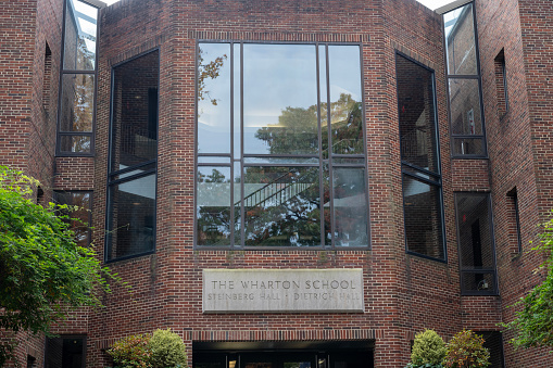 Exterior view of a typical American school building seen on a spring day