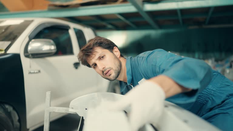 Skilled Latin Mechanic Repairing Car Bodywork After Accident in Workshop Garage.