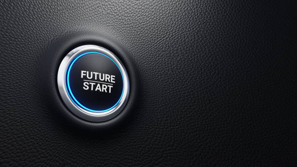 istock Future start push button. New startup, start a business, change or strategic vision concept. Modern car button with blue shine. 3d illustration 1835586833