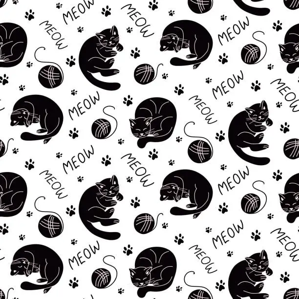 Vector illustration of Isolated seamless pattern with hand drawn cats