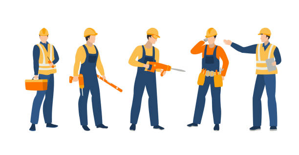illustrazioni stock, clip art, cartoni animati e icone di tendenza di operaio edile, imprenditore, ingegnere, architetto, costruttore - operatore edile