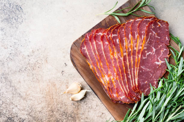 istock Dried Turkish Pastrami Slices On Vintage  Background 1835606167