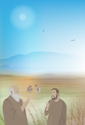 Bible illustrations vector. Torah. Abraham with father and brothers.
