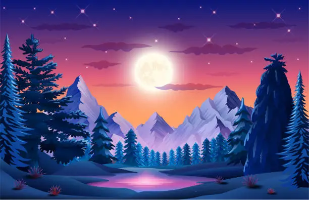 Vector illustration of Beautiful Winter Landscape with Trees, Mountains and the Moon above the horizon, Night Landscape
