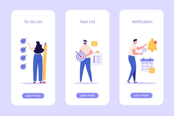 ilustraciones, imágenes clip art, dibujos animados e iconos de stock de concepto de tarea realizada, lista de verificación, lista de tareas pendientes, notificación. personas que marcan la tarea completada en la lista de verificación. gestión exitosa del tiempo. ilustración vectorial para aplicación móvil, pantalla de i - to do list checklist personal organizer writing
