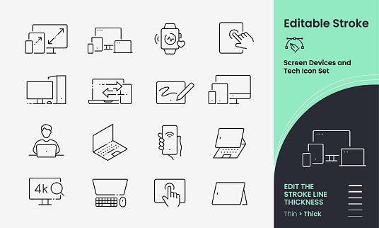 Screen Tech Icon collection containing 16 editable stroke icons. Perfect for logos, stats and infographics. Edit the thickness of the line in any vector capable app.