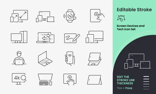 Vector illustration of Screen Devices and Tech vector icon set containing 16 editable stroke icons.