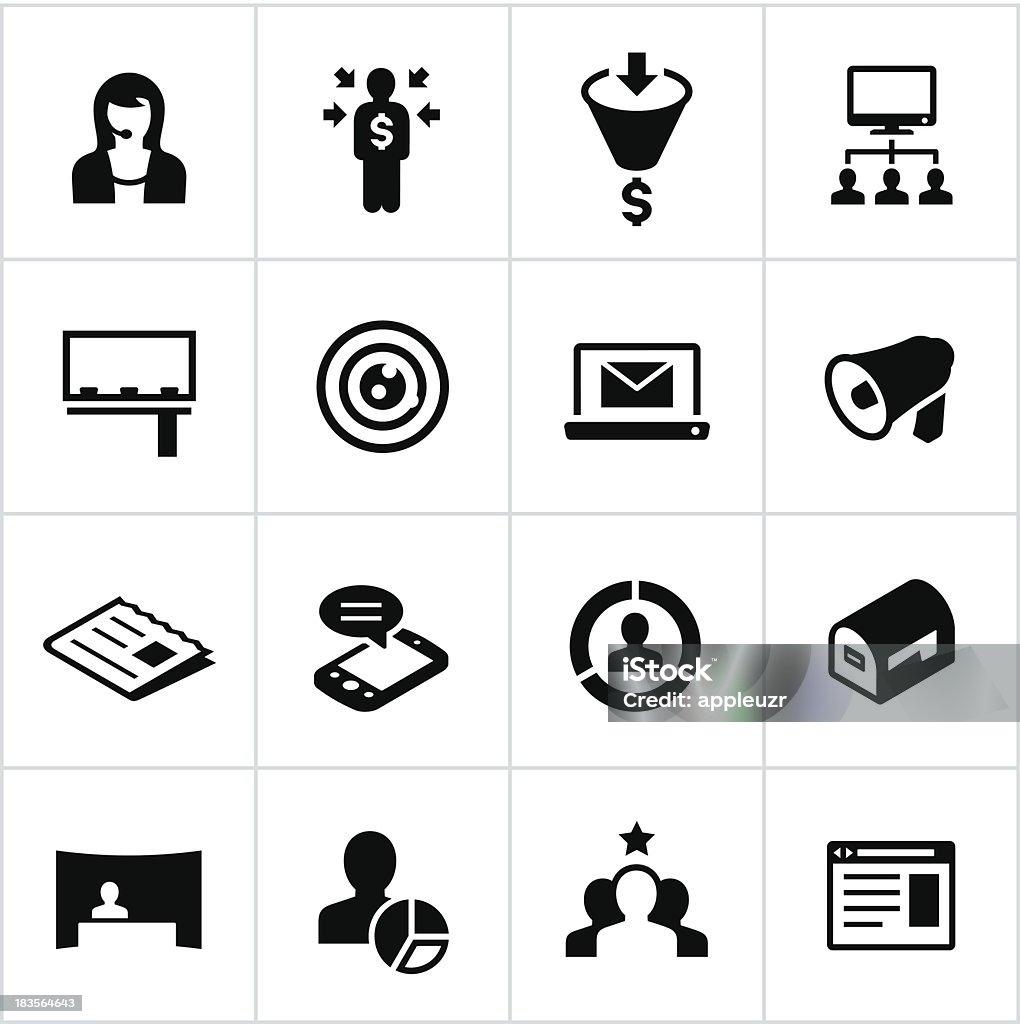 Black Direct Marketing Icons Marketing themed icons. All white strokes/shapes are cut from the icons and merged allowing the background to show through. Icon Symbol stock vector
