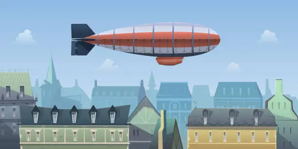 Vector illustration of Airship flight over the city. Vintage air vehicle airship, dirigible. Panoramic view of the city, European-style buildings. Architecture 19th or early 20th century. Vector cartoon illustration.