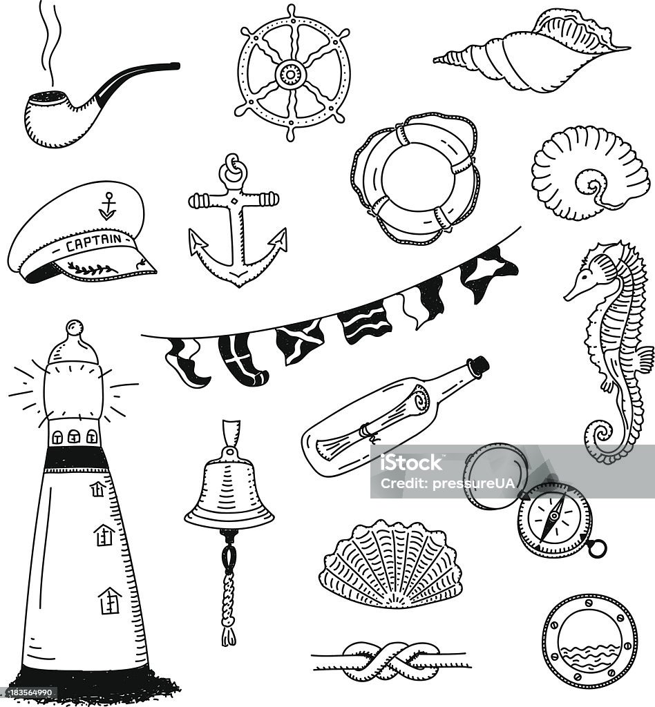 Sea vector doodle collection Hand drawn vector illustration of different sea and sailor doodles objects. Isolated on white background Adventure stock vector
