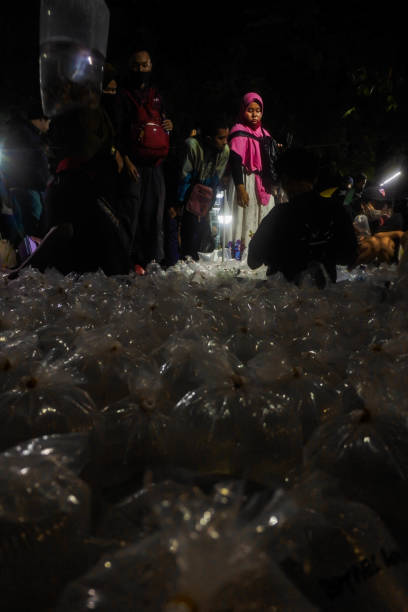 indulgence communautaire : transactions crépusculaires au marché nocturne aux poissons de jatinegara - dealings photos et images de collection