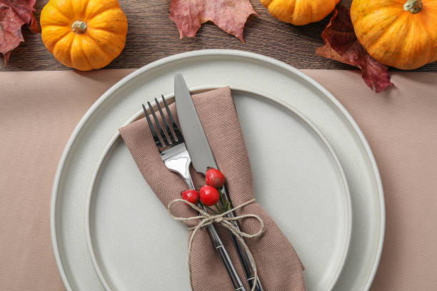 istock Thanksgiving day. Beautiful table setting and autumn decoration, flat lay 1835684381