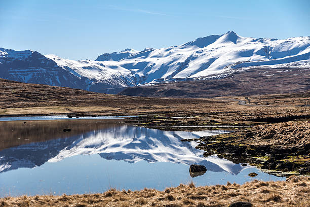 istock Quiet road runs beside lake reflecting Iceland's snow covered mountains 183568444