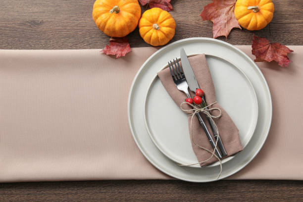 istock Thanksgiving day. Beautiful table setting and autumn decoration, flat lay. Space for text 1835685498